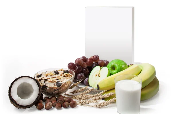 Blank package box with fruit composition — Stock Photo, Image
