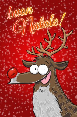 Buon natale! Rudolph'un ren geyiği kartpostal ile. kırmızı kar taneleri ile. dikey. (İtalyan)