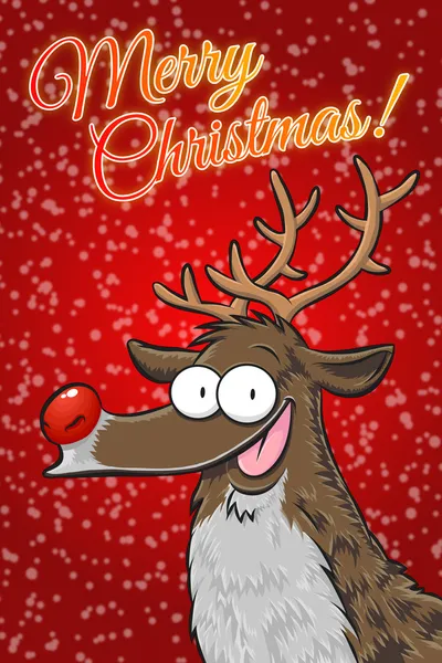 Merry Christmas with Rudolph, the reindeer. Postcard red background and snowflakes. Vertical. — Stock Photo, Image