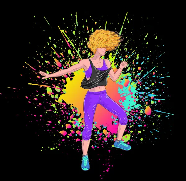 Fitness Girl Dancing Zumba Blond, fond noir — Image vectorielle