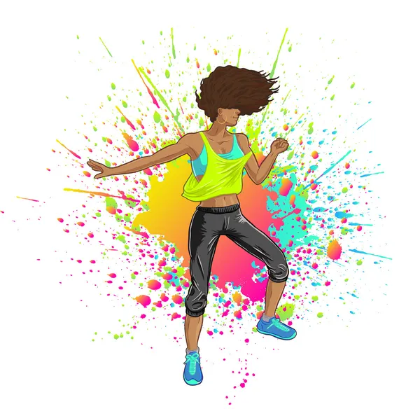 Fitness Girl dançando Zumba ou fazendo festa, cores no fundo — Vetor de Stock