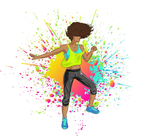 Chica Fitness bailando Zumba o haciendo fiesta, colores en el fondo — Archivo Imágenes Vectoriales