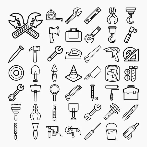 Icone strumenti e attrezzature Set su sfondo bianco — Vettoriale Stock