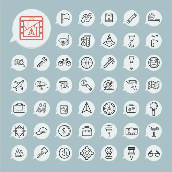 Conjunto de herramientas e iconos de viaje sobre papel azul — Vector de stock