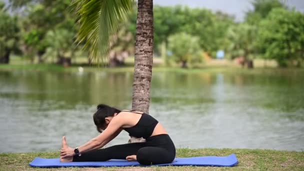 Азиатская Тонкая Женщина Упражнения Одиночку Парке Устал Тренировки Играть Йога — стоковое видео