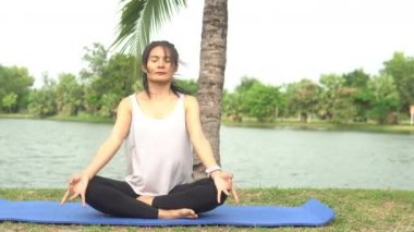 Asyalı zayıf kadın gündüz vakti parkta yoga yapıyor.