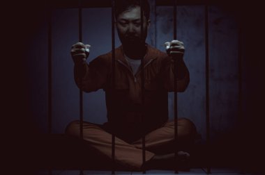 Demir hapisaneyi yakalamak isteyen bir adamın portresi, mahkum konsepti.