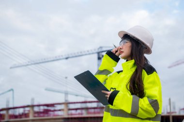 Büyük bir inşaat projesinde çalışan Asyalı mühendis.