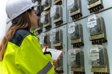 Asyalı elektrik mühendisi kontrol odasındaki elektrik sistemini kontrol etmek ve izlemek için pano tutuyor.