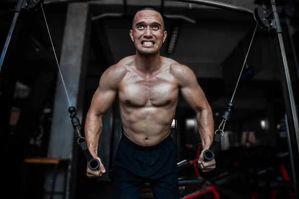 Retrato Hombre Asiático Bombeando Músculos Gimnasio Entrenamiento Para Una Buena — Foto de Stock