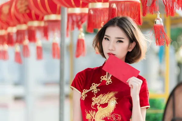 Cheongsam Elbisesi Içinde Güzel Bir Asyalı Kadın Portresi Mutlu Çin — Stok fotoğraf