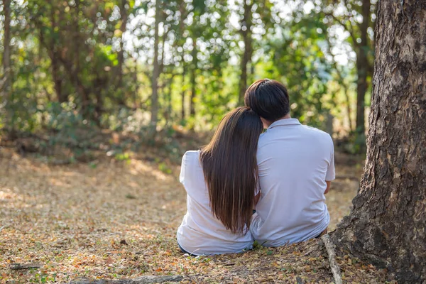 亚洲年轻夫妇在森林里恋爱的画像 — 图库照片