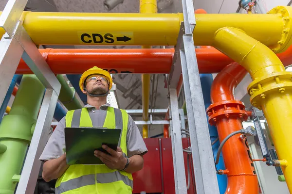 Ingeniero Asiático Que Usa Gafas Que Trabajan Sala Calderas Comprobación — Foto de Stock