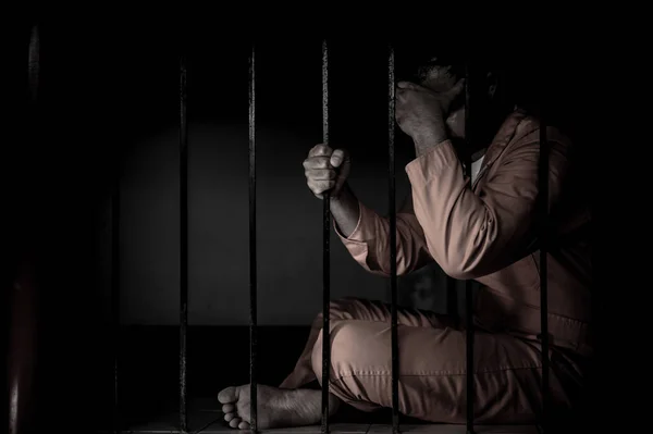 Portrait Man Desperate Catch Iron Prison Prisoner Concept — Stock Photo, Image