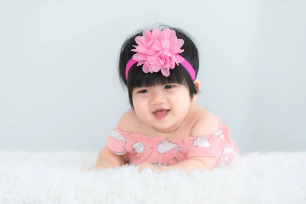 Portrait Cute Asian Baby White Carpet Newborn Smile Take Photo — Stock Photo, Image