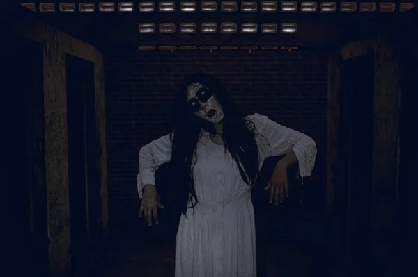 Portrait Asian Woman Ghost Make Horror Scene Halloween Concept — Stock Photo, Image
