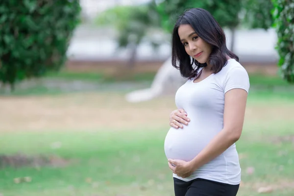 Retrato Asiático Hermosa Mujer Embarazada Parque — Foto de Stock