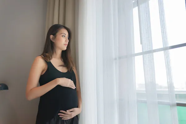 Portret Van Aziatische Zwangere Vrouw Slaapkamer — Stockfoto