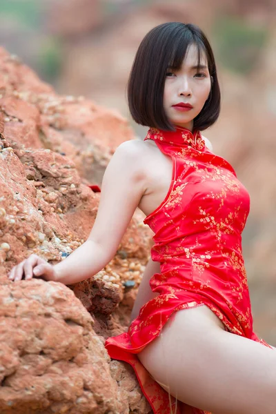 Portrait Beautiful Asian Sexy Woman Cheongsam Dress — Stok Foto