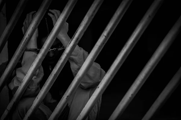 Portrait Woman Desperate Catch Iron Prison Prisoner Concept — Stock Photo, Image