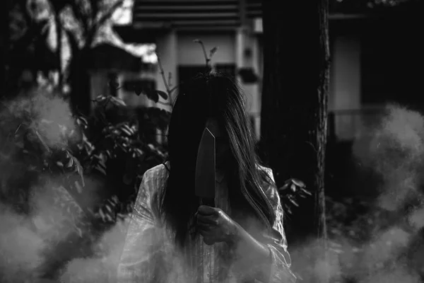 Portrait Asian Woman Ghost Make Horror Scene Halloween Concept — Stok Foto