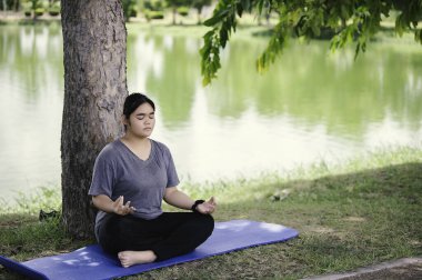 Güzel Asyalı şişman kadın parkta yoga yapıyor, zayıf bir vücuda ihtiyacım var.