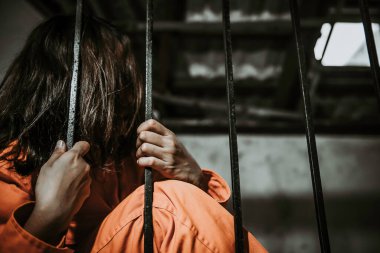 Demir hapishaneyi yakalamak için çırpınan kadın portresi, mahkum konsepti