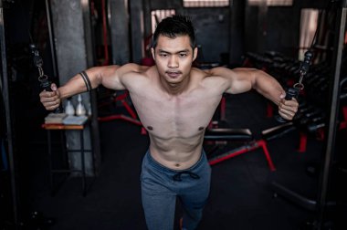 Spor salonunda kaslı Asyalı bir adamın portresi, sağlık için egzersiz.