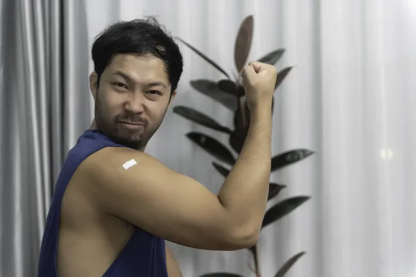 Asian Handsome Man Showing Arm Vaccination Covid — Stock Photo, Image