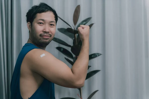 Asian Handsome Man Showing Arm Vaccination Covid — Stock Photo, Image