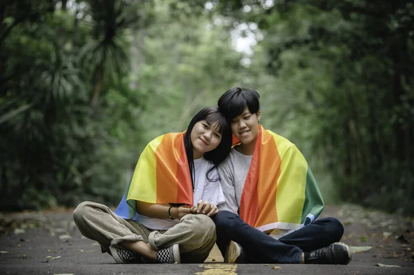 Pár Dívka Dívkou Lgbt Pride Měsíc Koncept Asijské Fešák Mužské — Stock fotografie