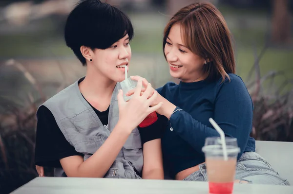 Couple Fille Avec Fille Lgbt Pride Concept Mois Asiatique Beau — Photo