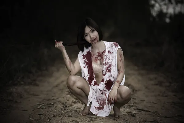 Retrato Mujer Asiática Con Maquillaje Fantasma Escena Terror Concepto Halloween — Foto de Stock
