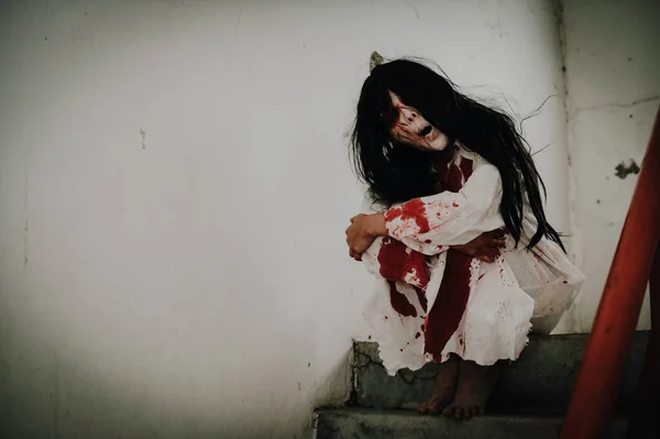 Portrait Femme Asiatique Maquillage Visage Fantôme Zombie Concept Halloween — Photo