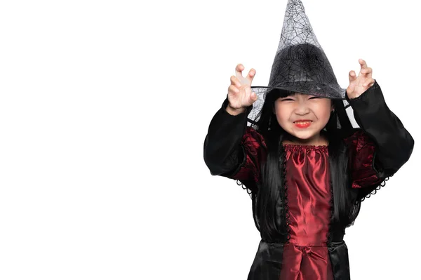 Ritratto Bella Donna Asiatica Costume Strega Nera Con Scopa Halloween — Foto Stock