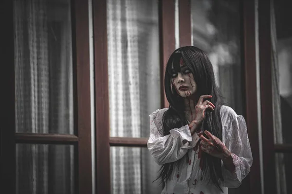 Portrait Asian Woman Make Ghost Face Zombie Halloween Concept — Stock Photo, Image