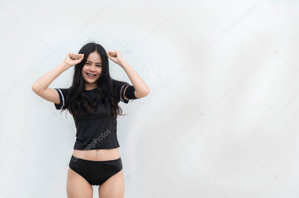 Young beautiful asian woman wear soccer player cheer sport