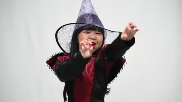 Portrait Asian Little Girl Wear Witch Costume Halloween Festival Concept — Stock Video