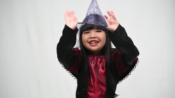 Portrait Asian Little Girl Wear Witch Costume Halloween Festival Concept — Stock Video