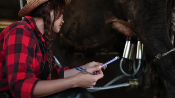 Agricultora Asiática Trabalhando Fazenda Rural Laticínios Fora Cidade Jovens Com — Vídeo de Stock