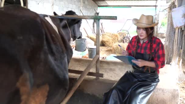 Agricultrice Asiatique Travaillant Dans Une Ferme Laitière Rurale Dehors Ville — Video