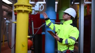 Kazan dairesinde çalışan gözlüklü Asyalı mühendis, ısıtma sistemi ekipmanlarının teknik verilerini kontrol ediyor, Taylandlılar