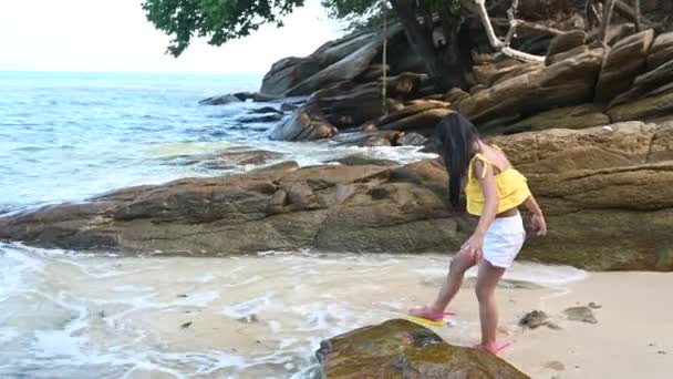 アジアの女の子は海のビーチの中でスイングを再生します 家族との休日 — ストック動画
