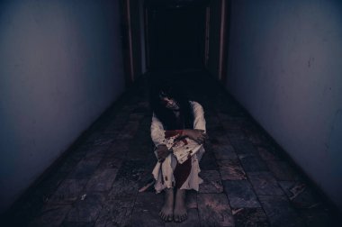 Asyalı kadın makyajı hayaleti, arka plan korku sahnesi, Cadılar Bayramı festivali konsepti, hayalet filmleri afişi, dairede kızgın ruh.