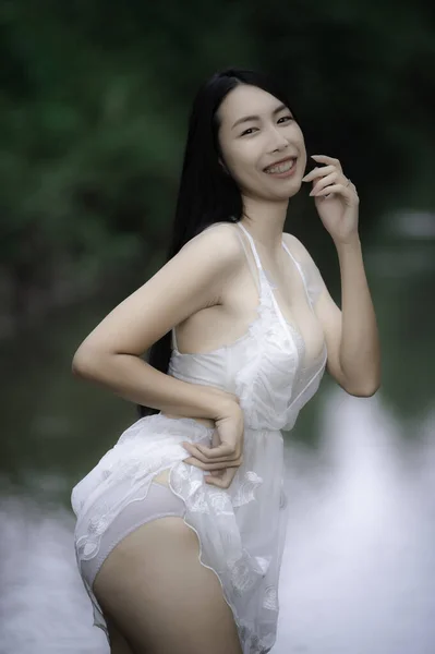Portrait Sexy Asian Woman Waterfall Feeling Fresh River Thai Female — Foto Stock