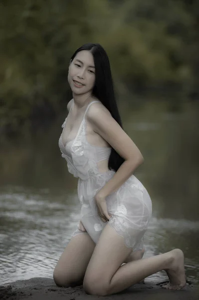 Portrait Sexy Asian Woman Waterfall Feeling Fresh River Thai Female — Foto Stock