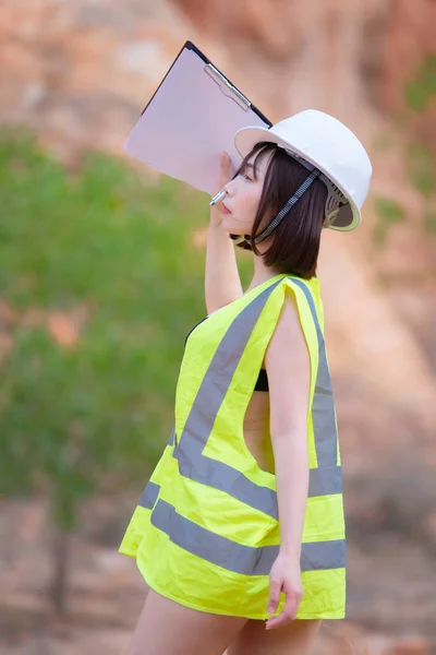 Portrait Asian Sexy Woman Wear Engineer Suit Rock Mountain Thailand — Stock Photo, Image