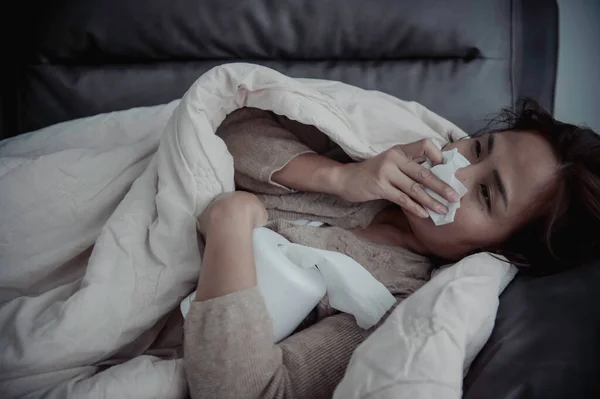 Asian Sick Woman Sit Sofa Stay Home Woman Felt Bad — Stock Photo, Image