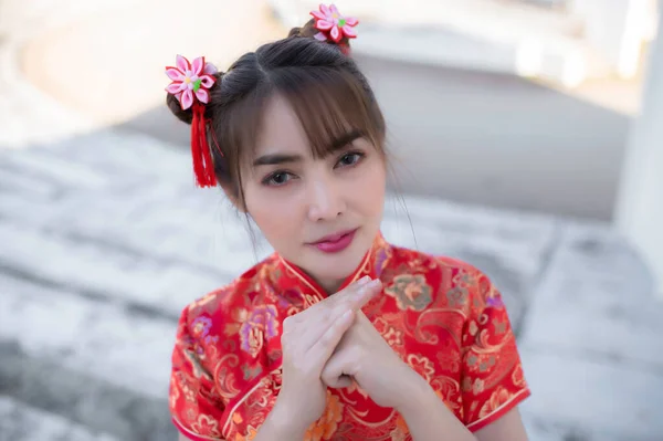 Portrait Beautiful Asian Woman Cheongsam Dress White Background Thailand People — Stok Foto