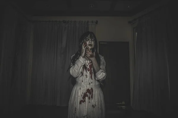 Portrait Asian Woman Make Ghost Scary Horror Scene Background Halloween — Stock Photo, Image